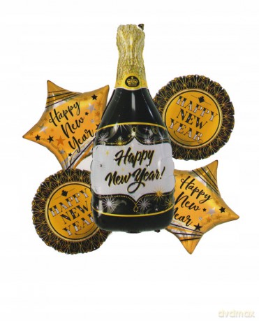 Zestaw balonów foliowych (szampan+2 okrągłe+2 gwaizdki) Happy New Year 61842