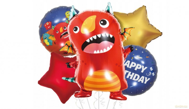 Zestaw balonów foliowych czerwony stworek Happy Birthday 5 szt