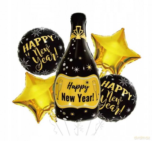 Zestaw balonów foliowych sylwestrowych Happy New Year 5 szt (szampan, 2 okrągłe, 2 gwiazdki)