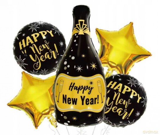 Zestaw balonów foliowych sylwestrowych Happy New Year 5 szt (szampan, 2 okrągłe, 2 gwiazdki)