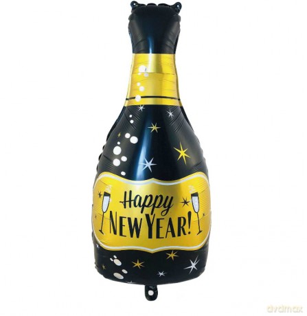 Zestaw balonów foliowych sylwestrowych Happy New Year 5 szt (szampan, 2 okrągłe, 2 gwiazdki)