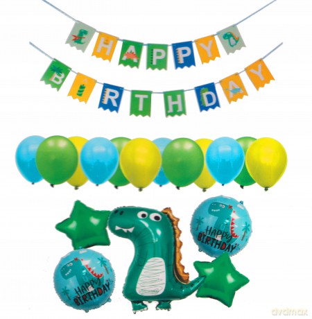 Zestaw balonów Happy Birthday dinozaur (1 baner, 5 foliowych, 12 gumowych) 61618