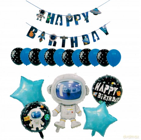 Zestaw balonów Happy Birthday kosmonauta (1 baner, 5 foliowych, 12 gumowych) 61617