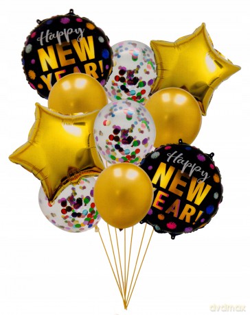 Zestaw balonów Happy New Year 10 szt (4 foliowe, 6 gumowych) 61844