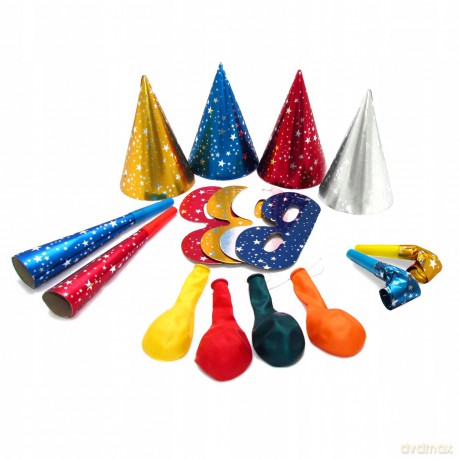 Zestaw Magic Party dla 4 osób, 4 czapeczki, 4 maski, 2 trąbki, 2 gwizdki, 4 balony metalizowane