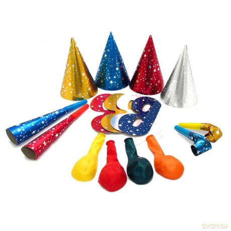 Zestaw Magic Party dla 4 osób, 4 czapeczki, 4 maski, 2 trąbki, 2 gwizdki, 4 balony metalizowane