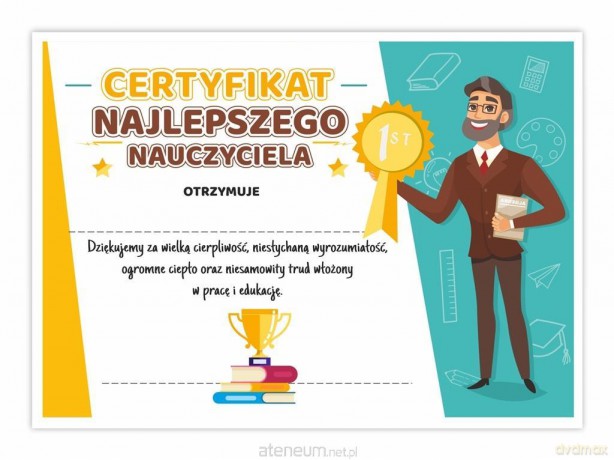Certyfikat A4 najlepszego nauczyciela 30 szt