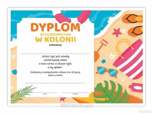 Dyplom A4 obozowy kolonie - Plaża 20 szt