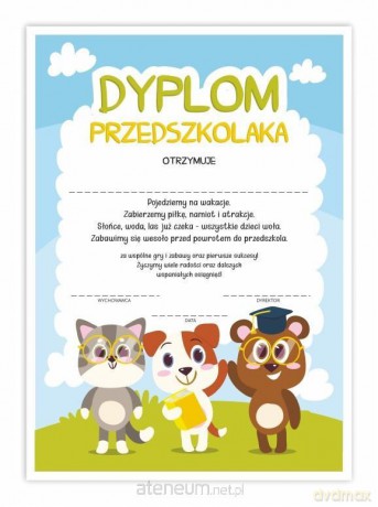 Dyplom A4 przedszkolaka - Zwierzaczki 10 szt