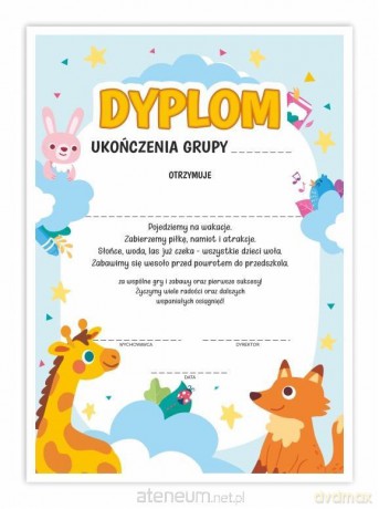 Dyplom A4 ukończenia grupy - Zwierzaki 10 szt