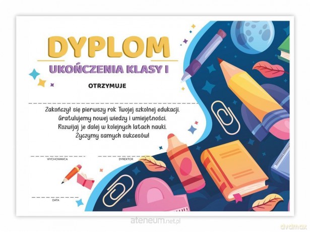 Dyplom A4 ukończenia klasy pierwszej Spinacz 20 szt