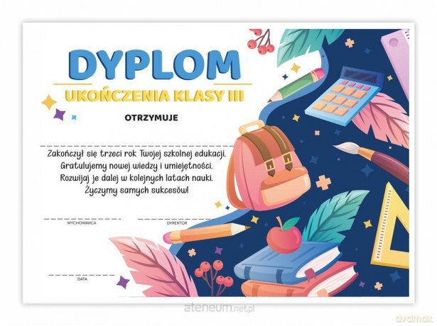 Dyplom A4 ukończenia klasy trzeciej - Plecak 20 szt