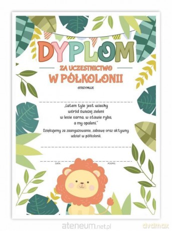 Dyplom A4 ukończenia półkolonii - Lew 20 szt