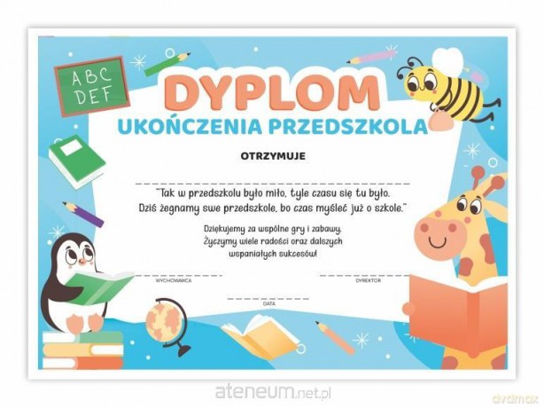 Dyplom A4 ukończenia przedszkola - Żyrafa 10 szt