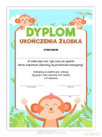 Dyplom A4 ukończenia żłobka - Małpki 10 szt
