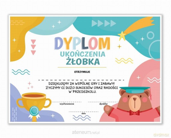 Dyplom A4 ukończenia żłobka - Puchar 20 szt