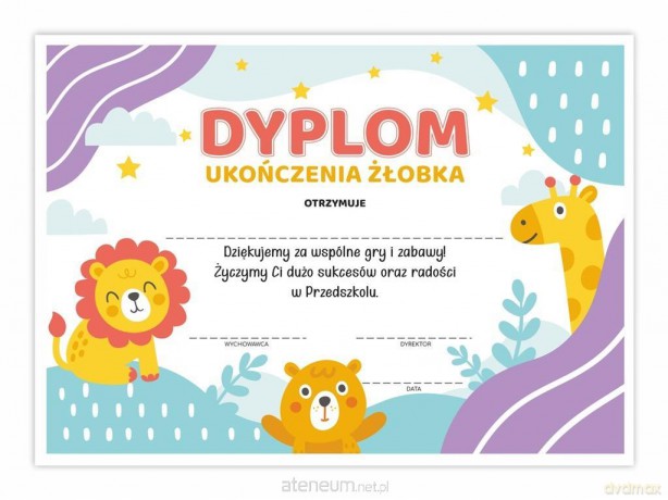 Dyplom A4 ukończenia żłobka - Zwierzaczki 30 szt
