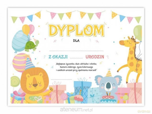 Dyplom A4 urodzinowy - Wesołe zwierzaczki 5 szt