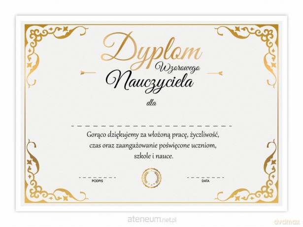 Dyplom A4 wzorowego nauczyciela - złoto 10 szt