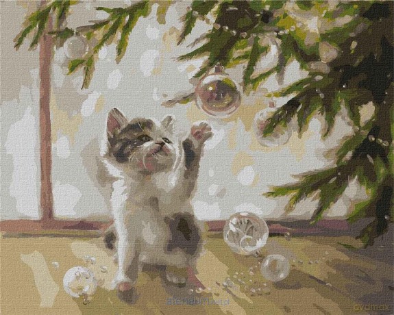 Malowanie po numerach - Kociak i bombki 40x50 cm