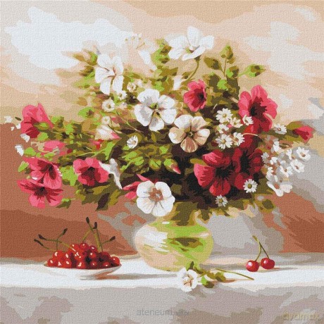 Malowanie po numerach - Malwy i wiśnie 40x40 cm