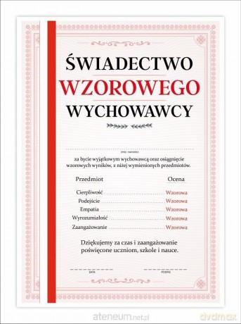 Świadectwo A4 wzorowego wychowawcy - pasek 10 szt
