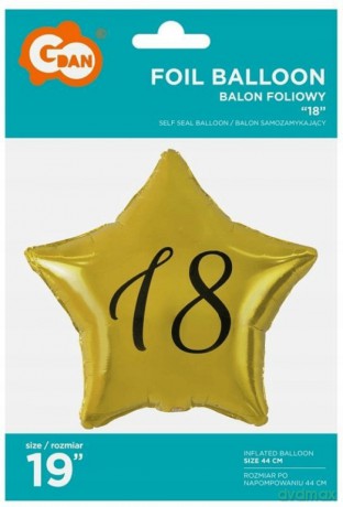 Balon foliowy 18 gwiazda złota, nadruk czarny, 19 FG-G18Z