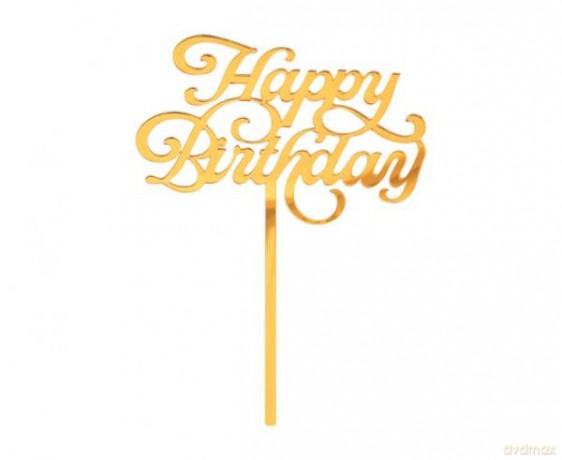 Dekoracja akrylowa B&C na tort Happy Birthday, złota, 11x15 cm PF-DAHB