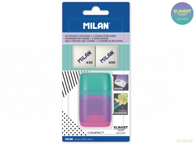 Temperówka z gumką Milan zielono-fioletowo-różowa, 2 gumki 430, COMPACT SUNSET na blistrze