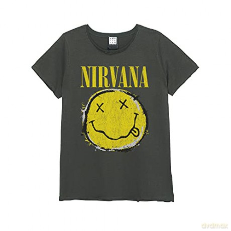 Nirvana Worn Out Smiley Amplified Vintage Charcoal Large Ladies T Shirt