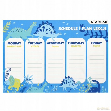 Plan Lekcji z Tabliczką Mnożenia A5 Dino Girl Starpak 513570 25 sztuk