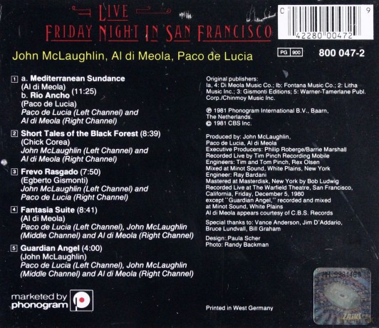 Di Meola, Mc Laughlin,De Lucia: Friday Night In San Francisco [CD]
