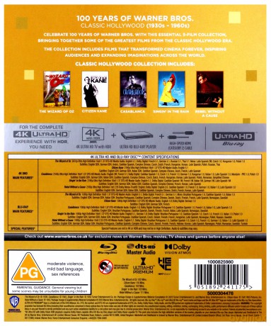 100 Years of Warner Bros: Classic Hollywood (1930s-1960s): The Wizard of Oz / Citizen Kane / Singin' in the Rain / Casablanca / Rebel Without a Cause [BOX] [5xBlu-Ray 4K]+[5xBlu-Ray]
