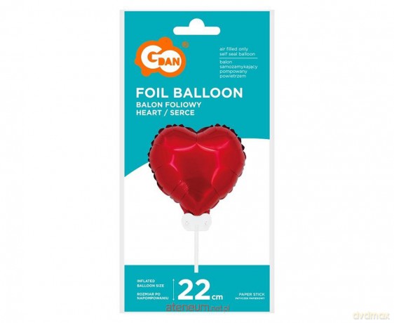Balon foliowy Serce czerwone patyczek, zawór 28 cm