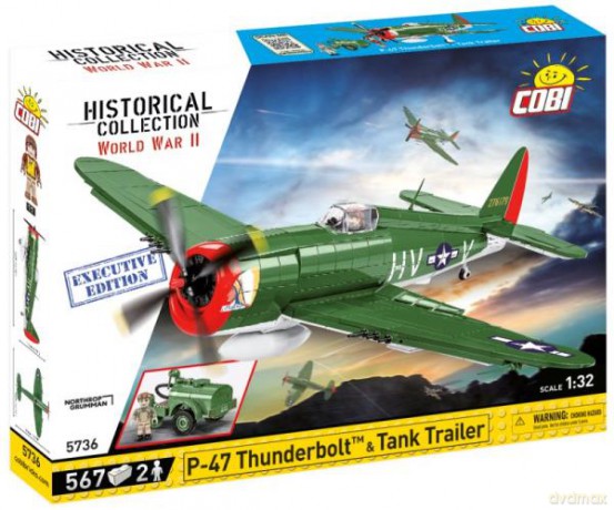 COBI 5736 Historical Collection WWII Samolot myśliwski P-47 Thunderbolt + przyczepa z cysterną Executive Edition 567 klocków [KLOCKI]