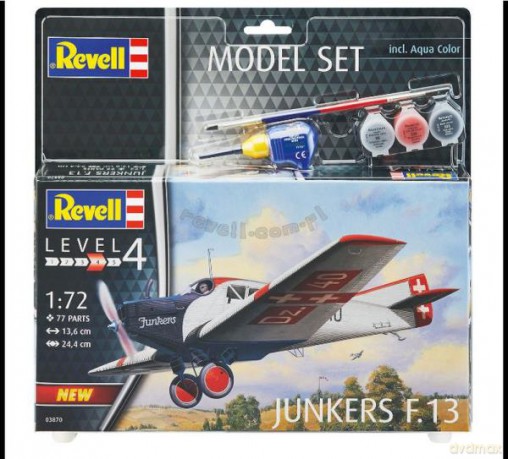 Samolot do sklejania 1:72 63870 Junkers F.13 + 3 farbki, pędzelek, klej