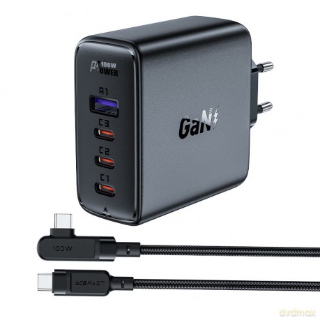 Acefast szybka ładowarka sieciowa GaN 3xUSB-C/1xUSB-A 100W czarna + kabel kątowy USB-C - USB-C 100W 2m czarny