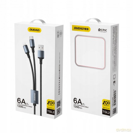 Dudao kabel przewód USB 2w1 Kabel przewód uniwersalny do ładowania USB-C Lightning 6A 1,2m czarny (TGL2)