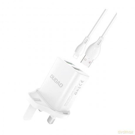 Dudao ładowarka sieciowa wtyczka UK (Wielka Brytania) 2xUSB-A 2.4A biała + kabel USB-A - Lightning biały