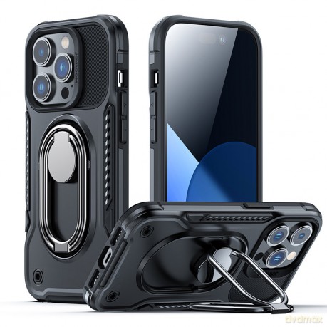 Joyroom Dual Hinge etui iPhone 14 Pro Max pancerny pokrowiec z podstawką uchwytem ring holder czarne