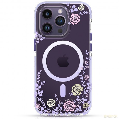 Kingxbar Flora Series magnetyczne etui iPhone 14 Plus MagSafe ozdobione nadrukiem w kwiaty peony
