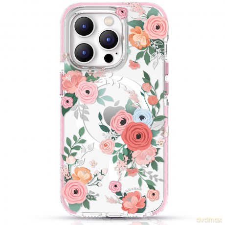 Kingxbar Flora Series magnetyczne etui iPhone 14 Pro Max MagSafe ozdobione nadrukiem w kwiaty rose