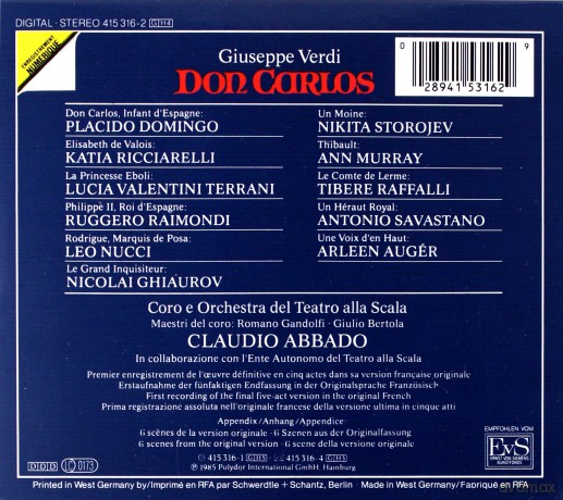 Domingo,Abbado,Rocciarelli: Verdi:Don Carlos [4CD]