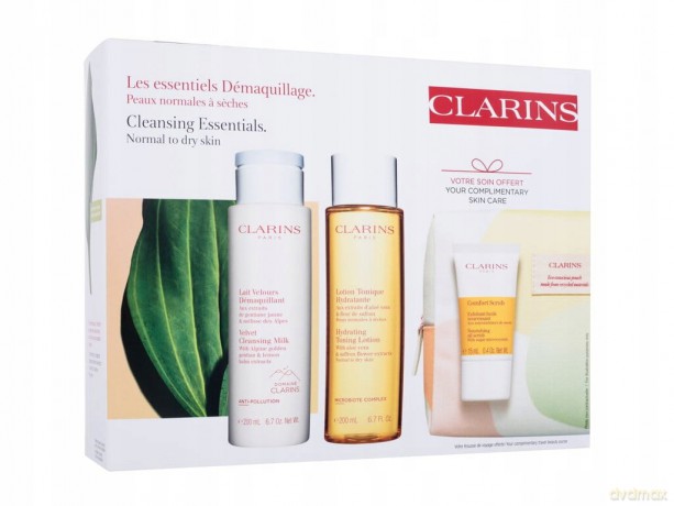 Clarins Zestaw (Velvet Cleansing Milk 200 ml + Hydrating Toning Lotion 200 ml + Comfort Scrub 15 ml + Cosmetics Bag)
