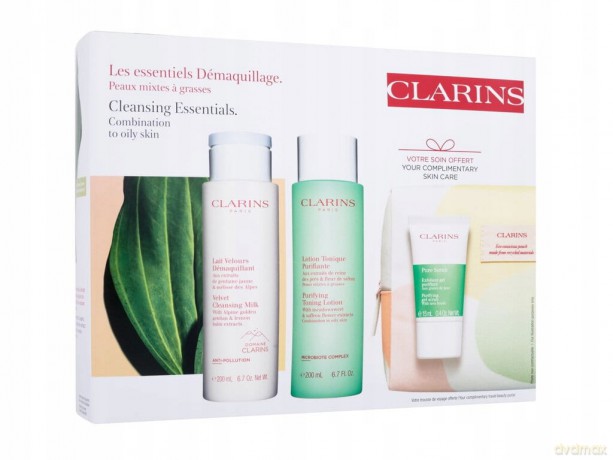 Clarins Zestaw (Velvet Cleansing Milk 200 ml + Purifying Toning Lotion 200 ml + Pure Scrub 15 ml + Cosmetics Bag)