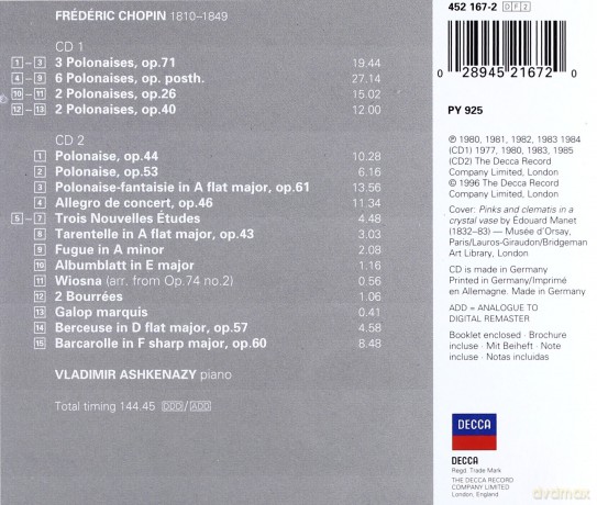 Double Decca Ashkenazy Vladimir: Chopin:Polonaises [2CD]
