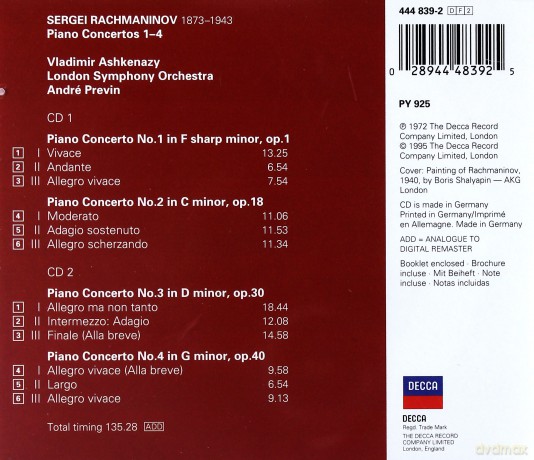 Double Decca Ashkenazy / Previn / London Symphony Orchestra: Rachmaninov Piano Concertos 1-4 [2CD]