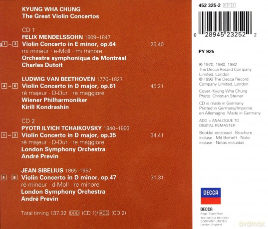 Double Decca Chung Kyung Wha: Violin Concertos Beethoven Brahms Etc. [2CD]