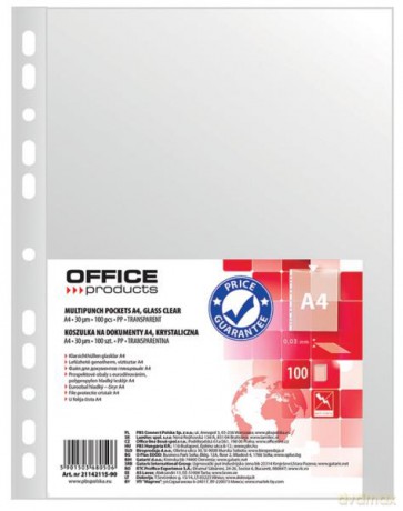 Koszulki na dokumenty A4 OFFICE PRODUCTS PP transparentne 30mikronów op100szt.