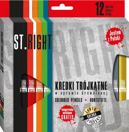 Kredki 12 kolorów trójkątne w oprawie drewnianej + temperówka ST.RIGHT